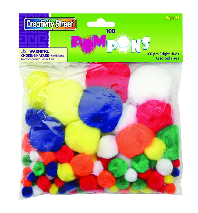 Creativity Street Pom Pons, Assorted Sizes, Bright Hues, 100/Pkg.