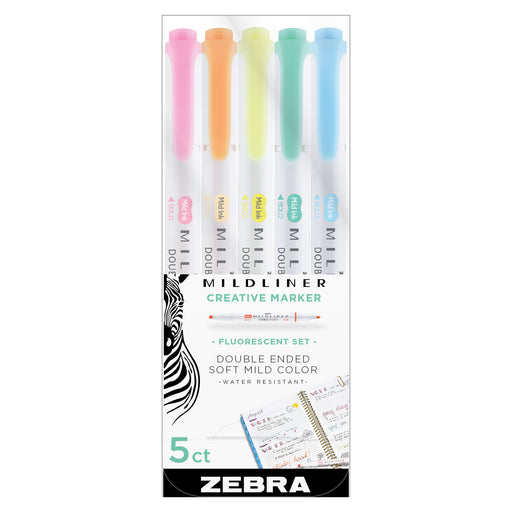 Zebra Mildliner Double-Ended Highlighter Set, 5-Colors, Fluorescent