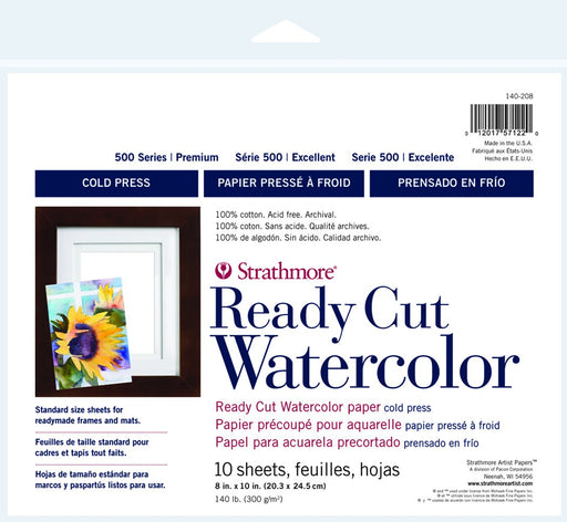 Strathmore Watercolor Paper Ready Cut Sheets, 500 Series Cold-Press, 8" x 10", 10 Sheets