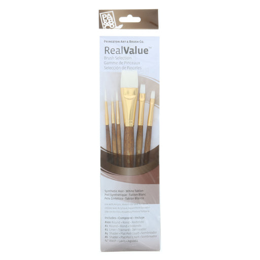 Princeton Brush Real Value 6-Brush White Taklon Set, Round 3/0, 2, Liner 1, Shader 4, 6, Wash 3/4